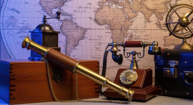 Vintage Exploration Still Life with Telescope, Globe, Phone and World Map Background photo