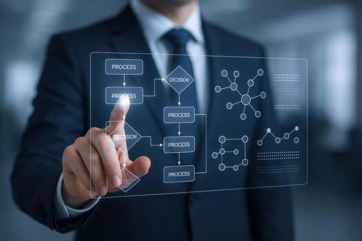 Businessman Interacting with Digital Workflow Diagram, Representing Business Processes, Optimization, and Strategic Planning on a Touchscreen Interface photo