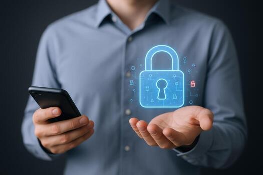 móvil seguridad concepto hombre participación teléfono con digital bloquear icono para datos proteccion foto