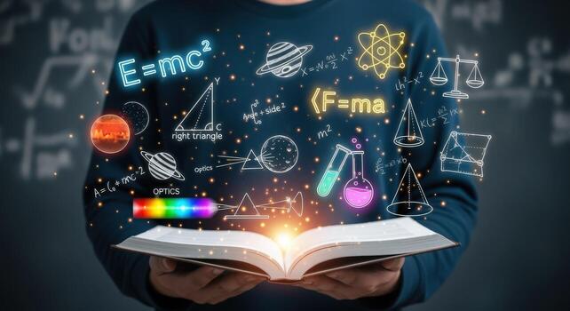 Conceptual Depiction of Education and Knowledge Person Holding an Open Book with Science and Math Concepts photo