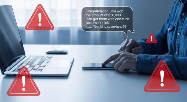 Online Scam A Person Receiving a Phishing Message on Their Smartphone with Laptop in the Background photo