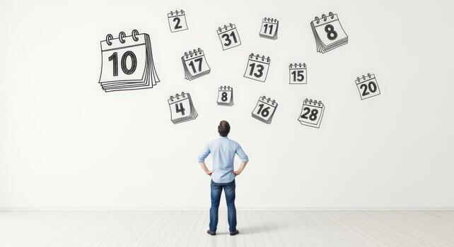 Man Facing Doodle Calendar Illustrations on White Wall Planning, Schedule, Appointments and Deadlines Concept photo