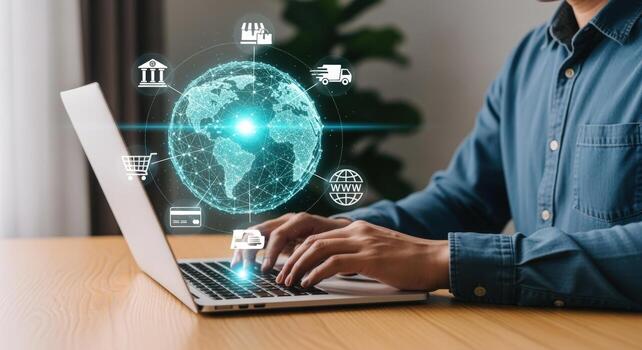 global comercio electrónico soluciones hombre mecanografía en ordenador portátil con mundo mapa y en línea compras íconos foto