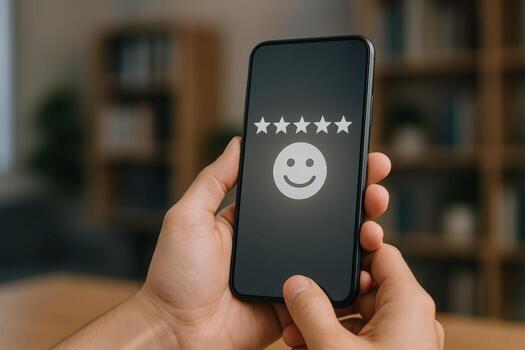 Customer Satisfaction Shown on Smartphone with Five Star Rating and Smiley Face Icon photo