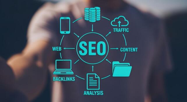 SEO Strategy Illustration Optimizing Website Traffic, Backlinks, and Content Analysis for Enhanced Web Presence photo