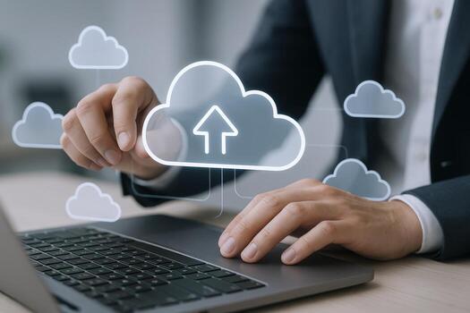 Cloud Computing Concept Businessman Uploading Data to Cloud Storage via Laptop for Modern Business Solutions photo