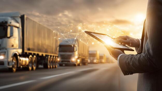 Logistics Professional Manages Fleet with Tablet on Highway During Sunset, High-Tech Freight Network photo
