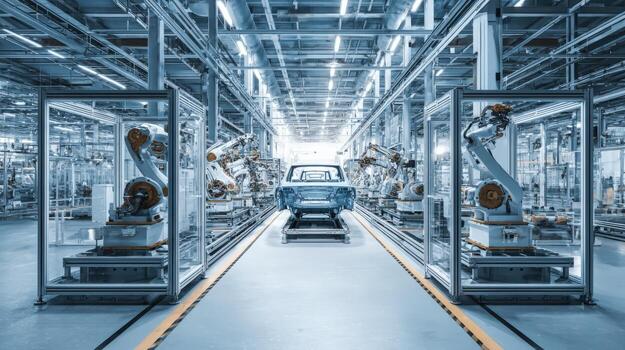 Automated Automotive Assembly Line Robotic Arms Welding Vehicle Chassis in a Modern Production Factory photo