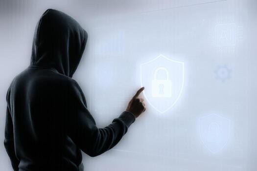 Silhouette of Hacker Analyzing Digital Security Interface Displaying Padlock, Charts, and Artificial Intelligence Elements photo