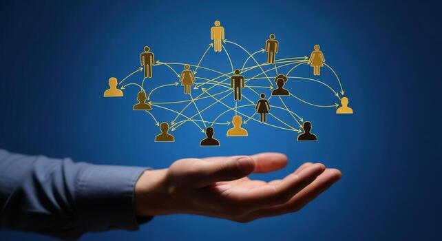 Hand Holding Social Network Connection, Communication, and Global Community Illustration on Blue Background photo