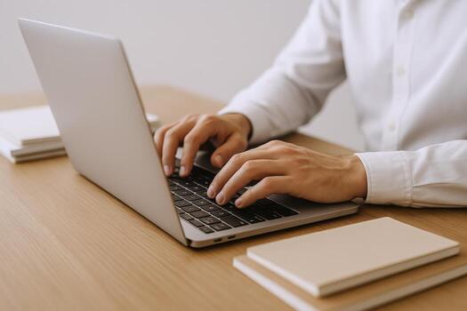 Hands Typing on Laptop Keyboard for Work, Business, and Online Communication at a Desk photo