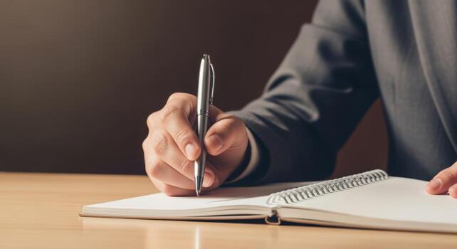Business Person Writing in Notebook with Pen on Desk, Planning and Note Taking photo