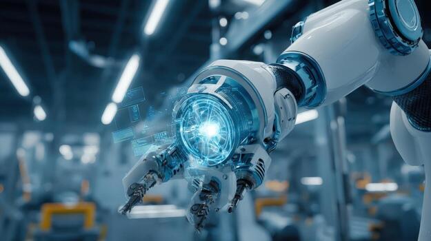 Automated Robotic Arm in a Modern Factory Setting Displaying Advanced Technology and Precision Engineering photo