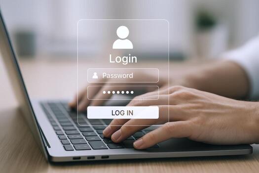 Secure Login Interface Displayed on Laptop Screen with Hands Typing Password for Digital Access photo