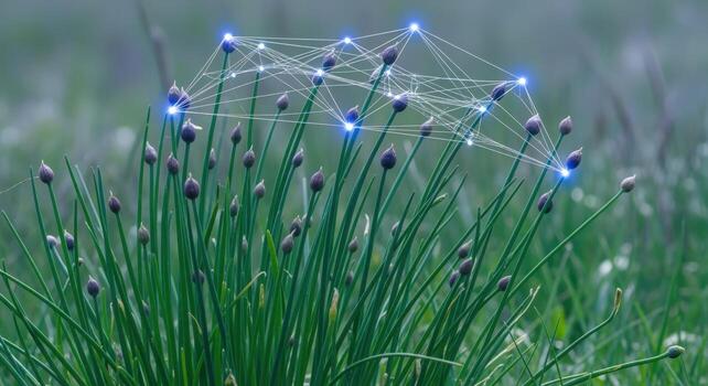 Interconnected Nature Conceptual Network Overlay on Budding Chives in a Meadow, Representing Technology and Ecology photo