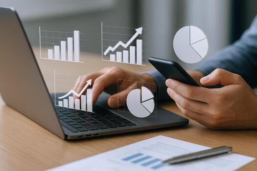 Analyzing Business Data Man Using Laptop and Phone with Graph Overlays, Charts and Reports photo