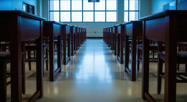 Rows of Empty Desks in a Classroom, Ready for Students, Education and Learning Concepts photo