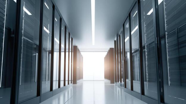 Data Center Interior Server Racks in a Modern, Secure Facility with Bright Light at End photo