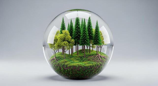 Ecosystem Globe Forest and Root System Displayed in a Transparent Sphere for Environmental Awareness Concepts photo