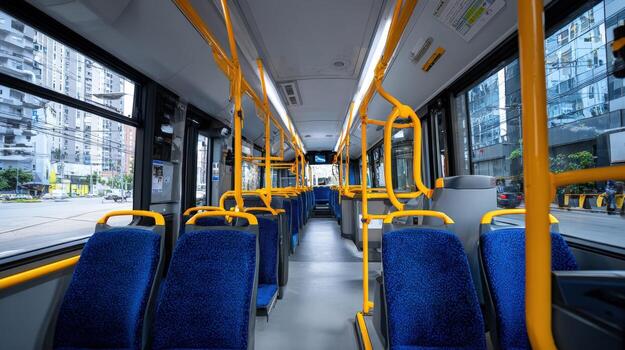 Interior View of Empty City Bus with Blue Seats and Yellow Handrails on Public Transport photo