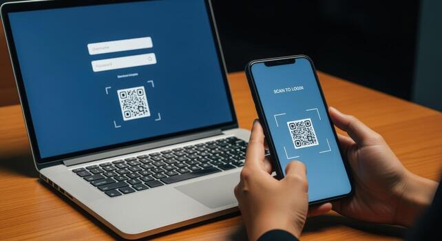Secure Access Verification Woman Using QR Code on Smartphone to Authenticate Login on Laptop photo