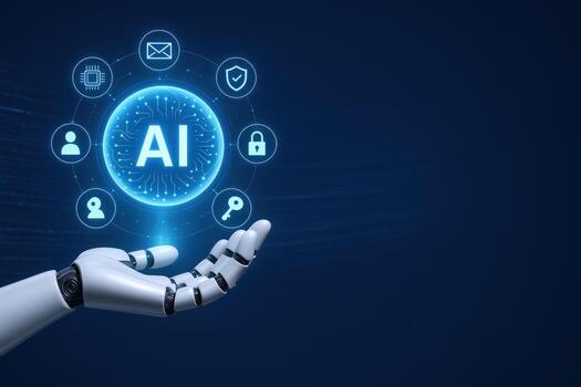 Artificial Intelligence Concept Robotic Hand Displaying AI Technology Icons and Network Connectivity on Dark Blue Background photo
