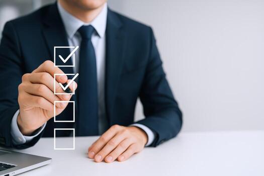 Businessman Completing a Checklist with a Pen, Illustrating Task Management and Project Accomplishment in Business photo