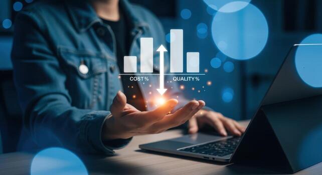 Analyzing Cost vs Quality Business Insights with Digital Graph Overlay on Hand using Laptop photo