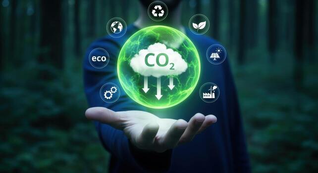 Carbon Capture Technology Concept Hand Holding Digital Display of CO2 Reduction Solutions for Sustainable Future photo
