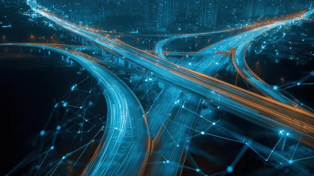 Futuristic Highway Intersection at Night with Data Connections, Representing Modern Transportation and Digital Infrastructure photo
