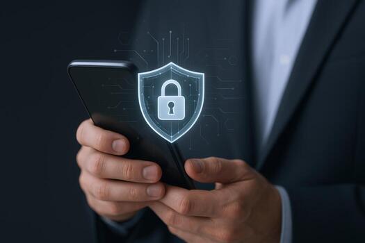 Mobile Security Concept Man Holding Smartphone with Security Shield and Lock Illustration photo