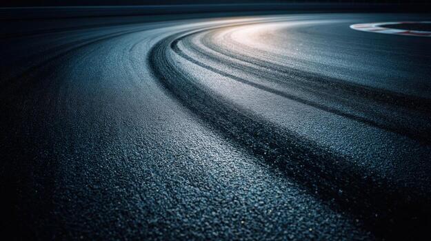 Asphalt Racing Track Curve with Tire Marks, Dramatic Lighting, and Implied Speed and Competition photo