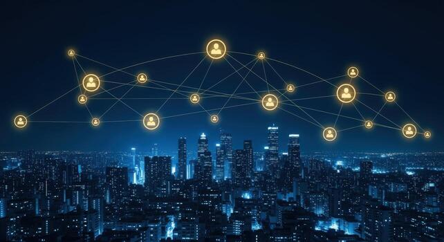 Global Network Connecting People with Cityscape at Night, Representing Communication, Technology, and Urban Connectivity photo