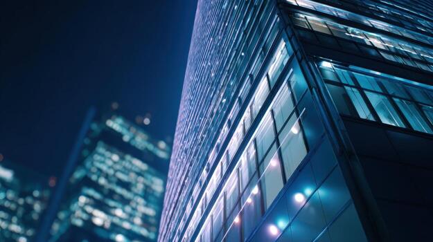 Modern Architecture at Night Sleek City Buildings with Illuminated Windows and a Dark Sky Perspective photo