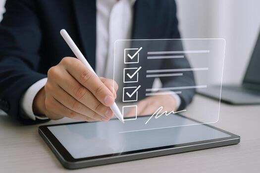 Businessman Completes Digital Checklist on Tablet with Stylus, Showcasing Modern Business Efficiency and Productivity photo