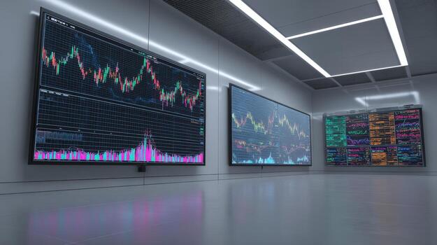 Financial Data Visualization Monitors Displaying Market Trends and Investment Analysis in a Modern Office Environment photo