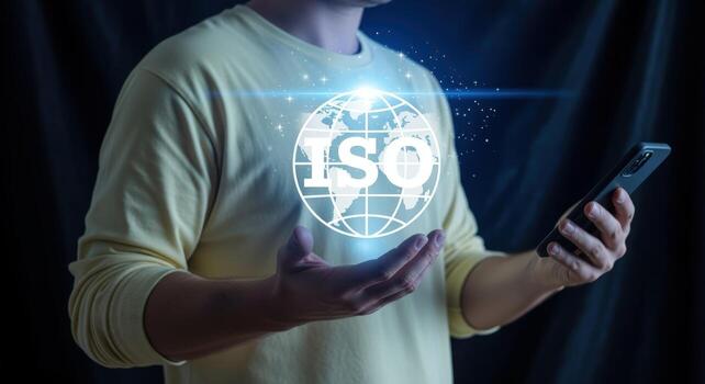 Global Standards and Technology Man Holding Mobile with ISO Digital Display for Compliance photo