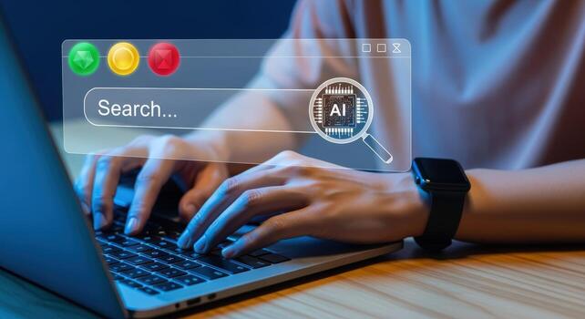 AI Search Concept Man Typing on Laptop with Artificial Intelligence Search Bar Overlay photo