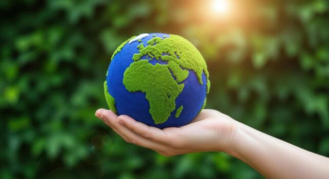 Conceptual Image of a Hand Holding Earth Globe Depicting Environmental Protection and Sustainable Future on Greenery Background photo