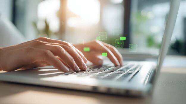 Hands Typing on Laptop Keyboard with Digital Overlay, Business Communication and Technology Concept photo