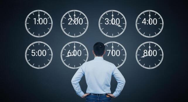 Time Management Concept Man Facing Clocks Representing Different Hours, Emphasizing Schedule and Deadlines photo