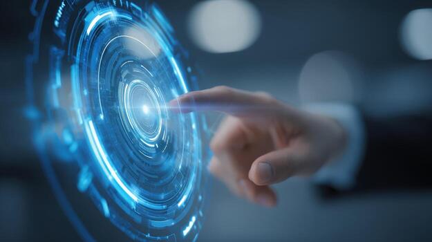 Futuristic Technology Interface A Finger Interacting with a Circular Digital Display Representing Innovation and Connectivity photo