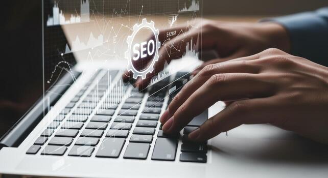 SEO Optimization Strategy Concept Hands Typing on Laptop with Graphic Overlay for Digital Marketing photo