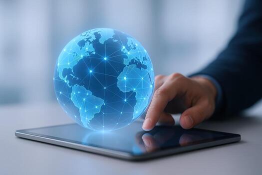Global Business Network Concept Man Interacting with Digital Globe on Tablet for Worldwide Connectivity photo