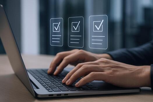 Online Survey Completion Hands Typing on Laptop Keyboard with Checklist Confirmation Overlay for Digital Form Submission photo