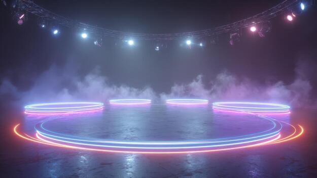 futurista brillante plataforma etapa con neón luces y fumar para producto presentación o entretenimiento eventos foto