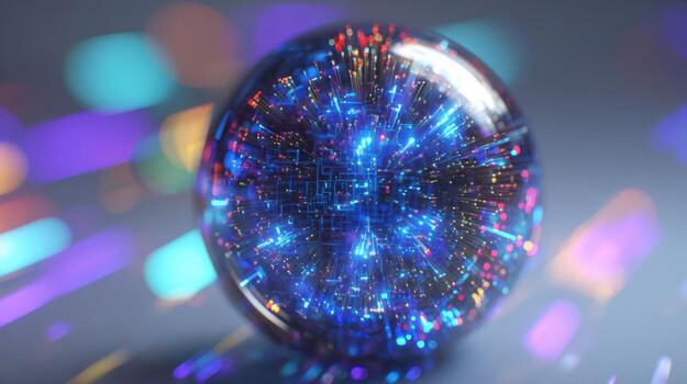 Abstract Glass Sphere Reflecting Complex Data Visualization, Futuristic Technology Concept, Modern Design Element photo