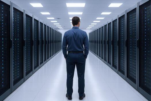 IT Professional Standing in Data Center Server Room Inspecting Infrastructure for Maintenance and Optimization photo