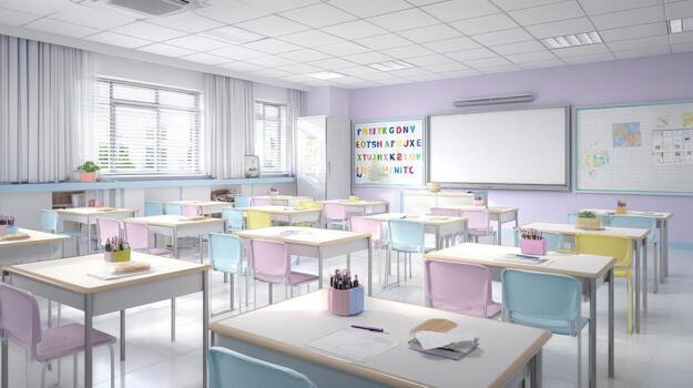 Bright Elementary School Classroom with Desks and Whiteboards in a Modern Educational Environment photo
