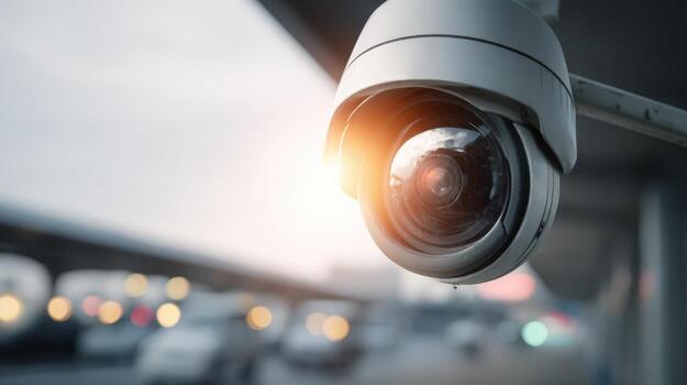 Security Camera Closeup Capturing Cityscape, Enhanced Surveillance System for Public Safety and Crime Prevention photo